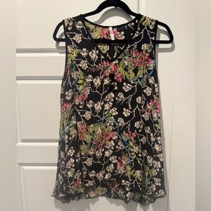 Pink Wheels Crepe Tank Top Black Colorful Artsy Florals Ruffle Hem Size Large